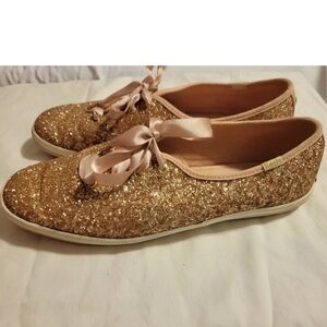 kate Spade Keds Collab Gold Glitter Ribbon-Trim Sneakers Sz 10